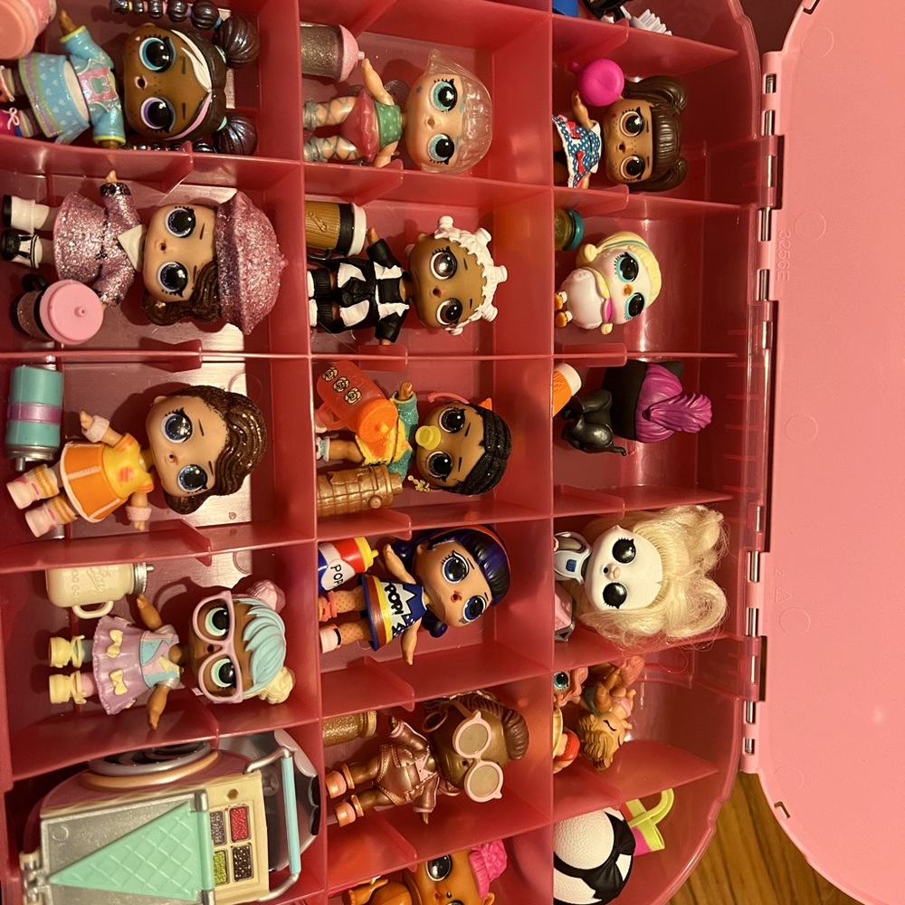 LOL surprise dolls, babies, pets, kids, extra clothes, and 2 stands.